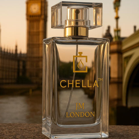 Chella JM London perfume bottle with a blurred background of a clock tower.
