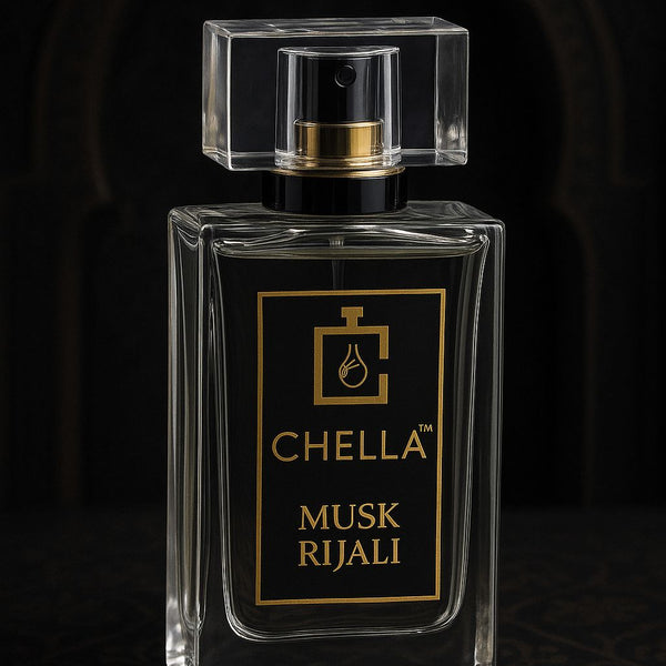 Perfume bottle labeled 'Chella Musk Rijali' on a dark background