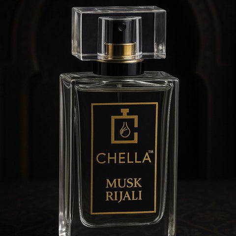 Perfume bottle labeled 'Chella Musk Rijali' on a dark background