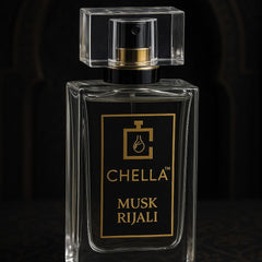 Perfume bottle labeled 'Chella Musk Rijali' on a dark background