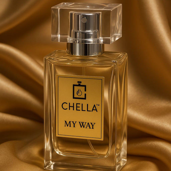 Chella perfume bottle labeled 'My Way' on a gold fabric background