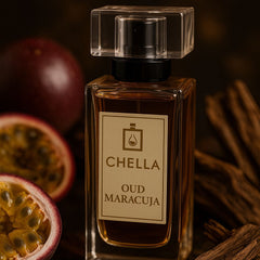 Chella Oud Maracuja perfume bottle with passion fruit and cinnamon sticks on a dark background